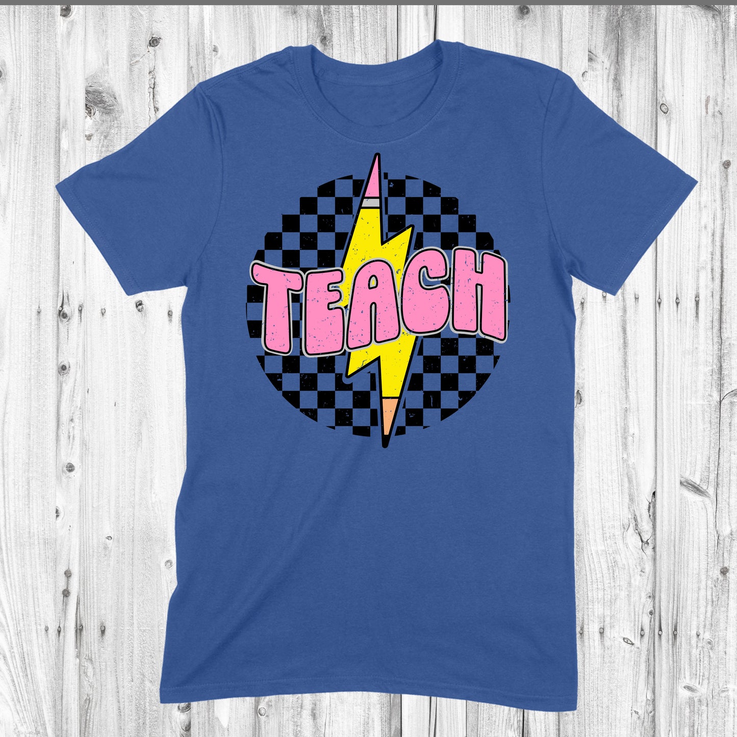 Teach with checkered circle and pencil lightening bolt