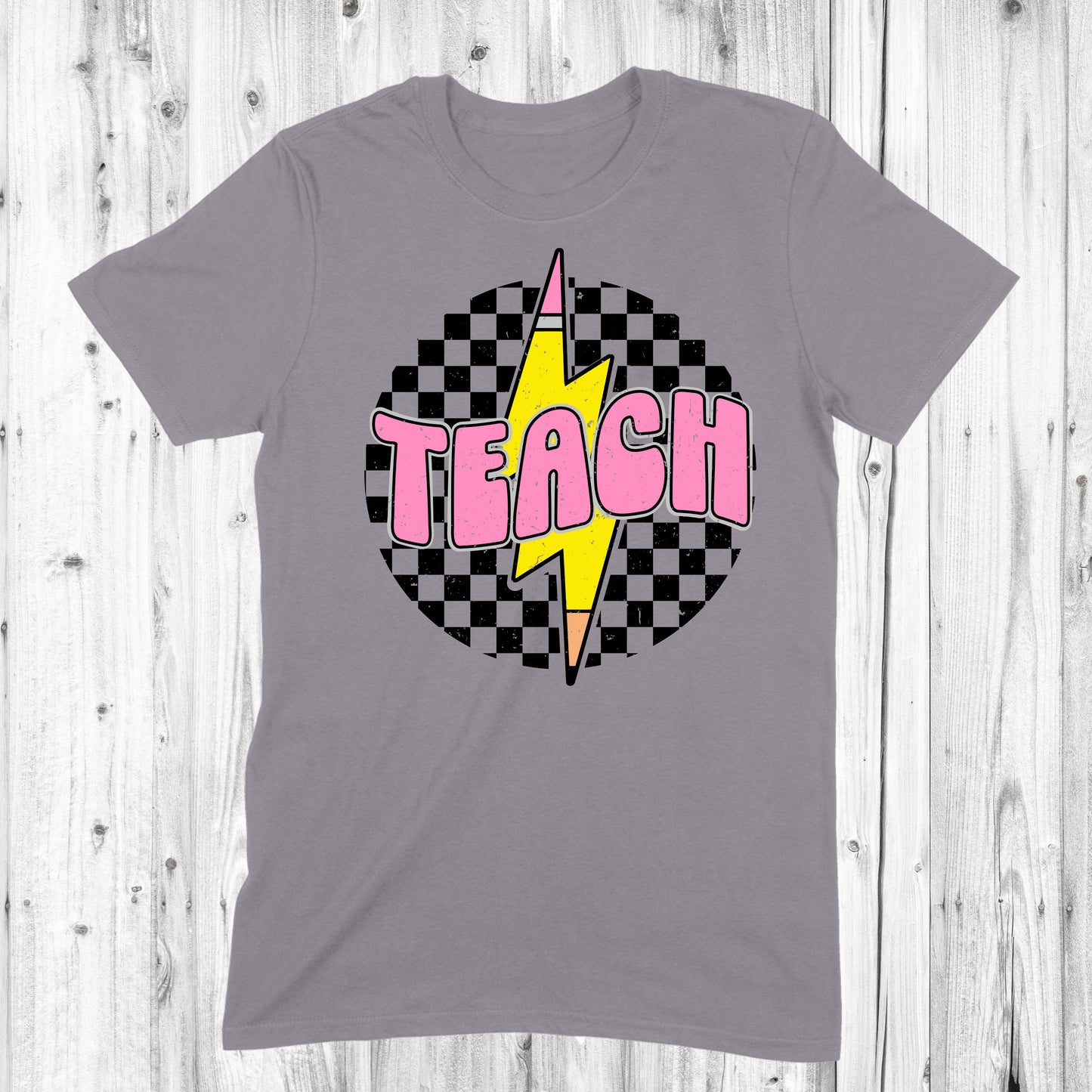Teach with checkered circle and pencil lightening bolt