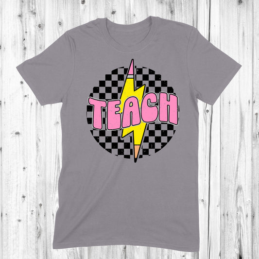 Teach with checkered circle and pencil lightening bolt